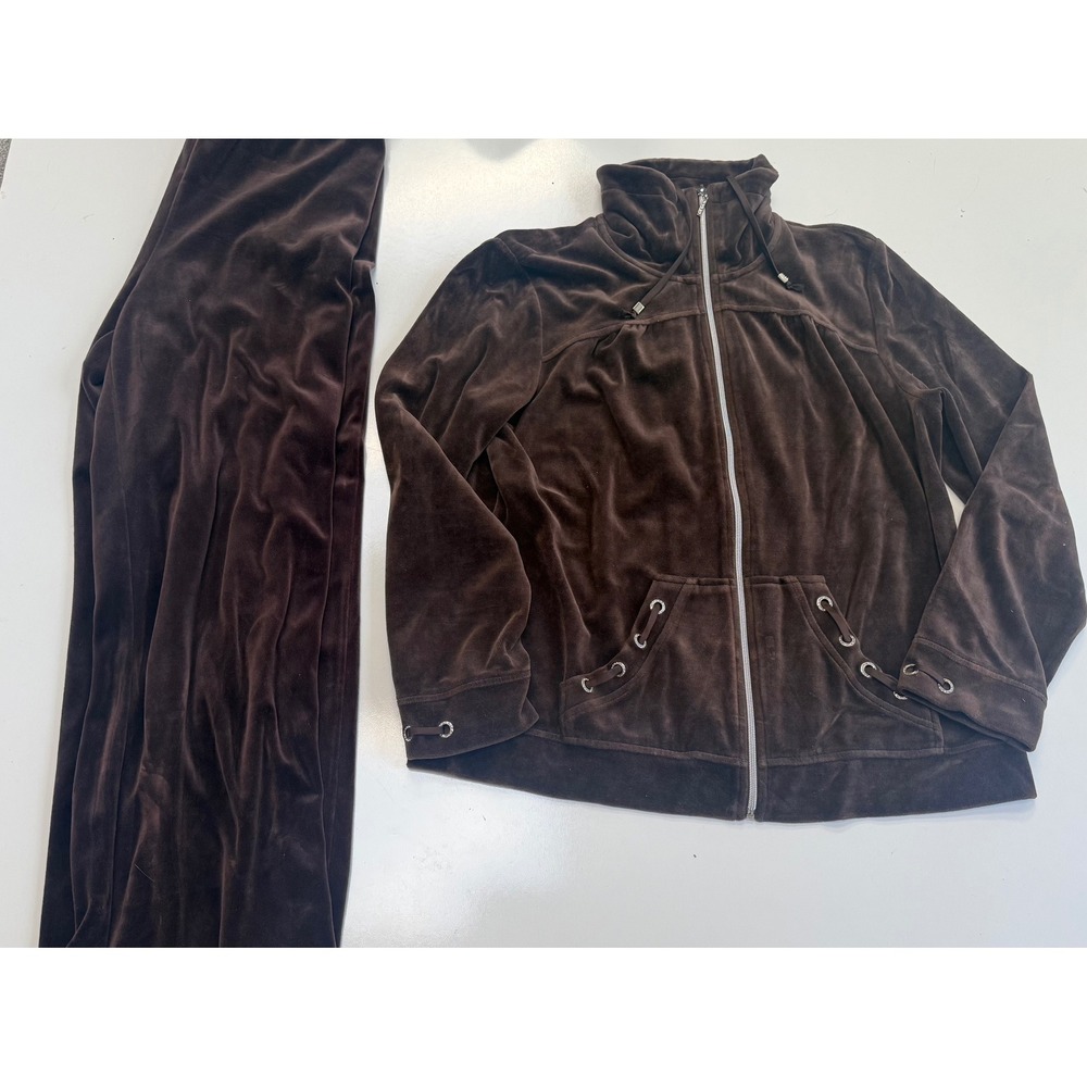 Zenergy by Chicos Velour Tracksuit Set Brown Zip Jacket Wide Leg Pants Size 2 L